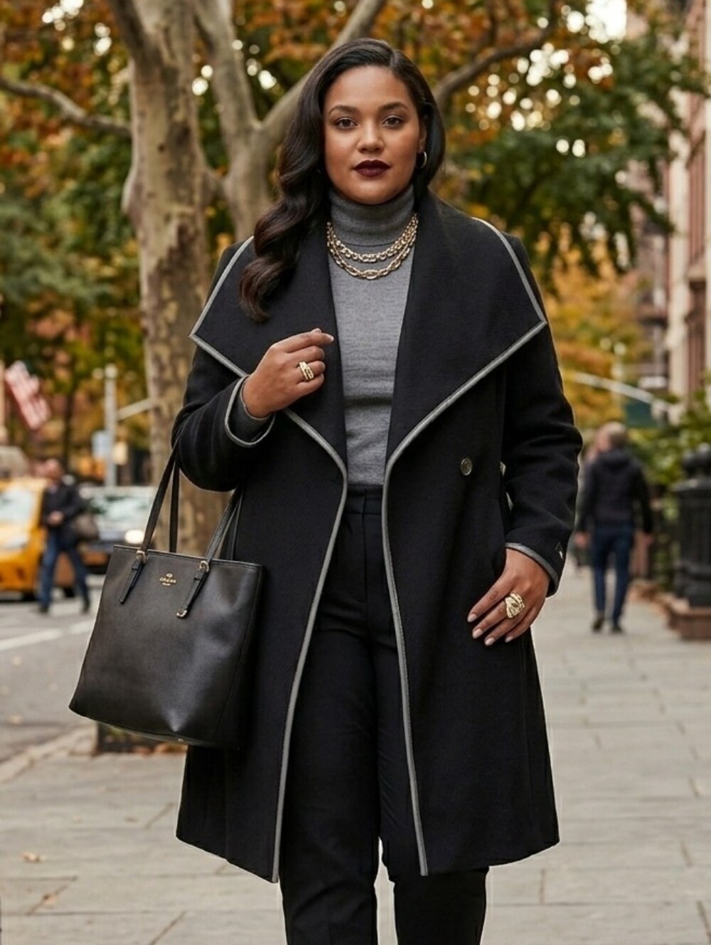 DKNY Plus Size 2X Black Wool Blend Winter Trench Coat Faux Leather Trim Wrap